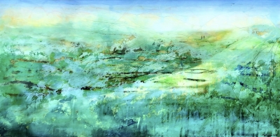 FAR AWAY LAND, acrylic and epoxy resin on board, 36 x 72 inches