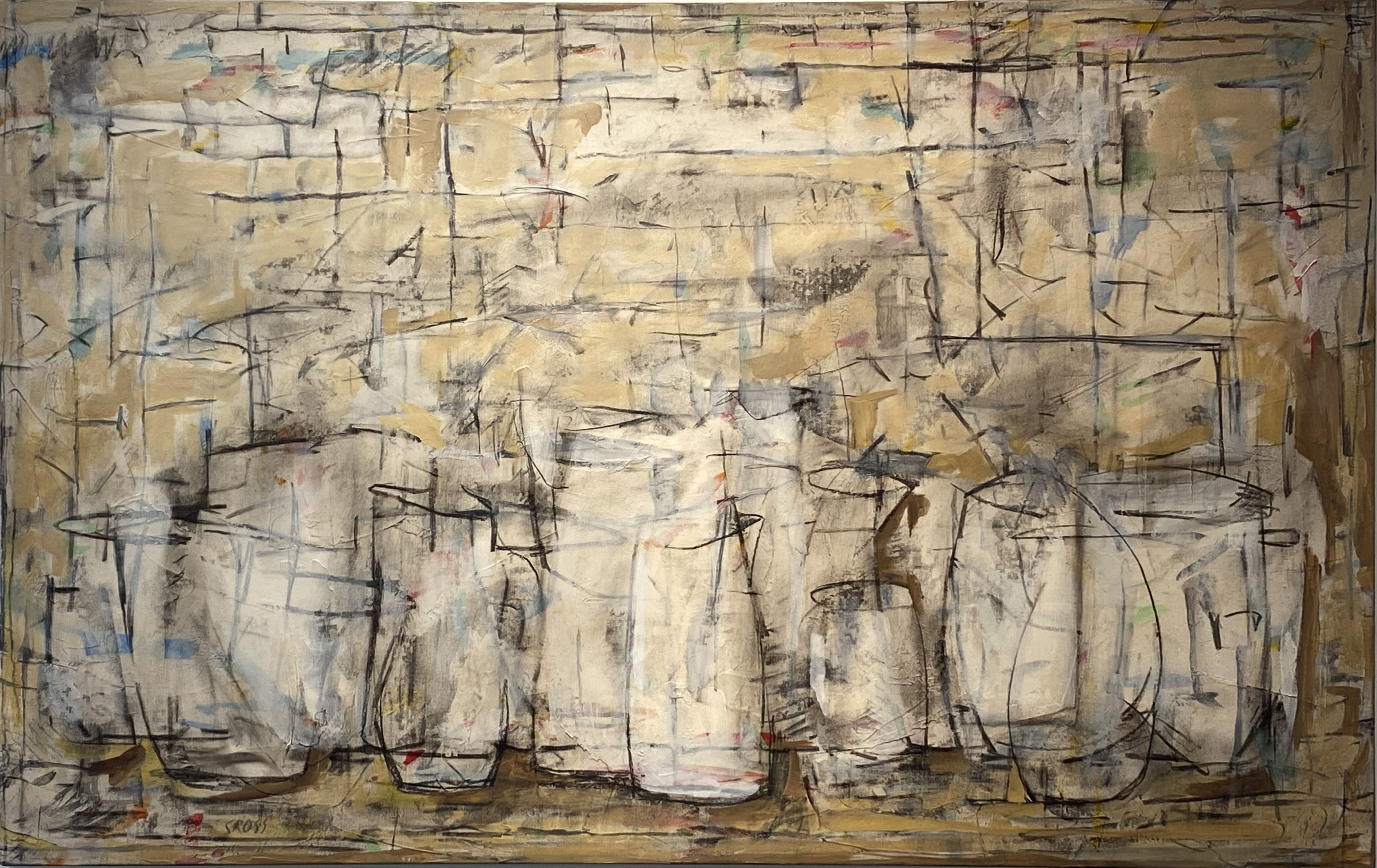 BISQUE FIRE, acrylic and charcoal on canvas, 34.25 x 54.25 in.