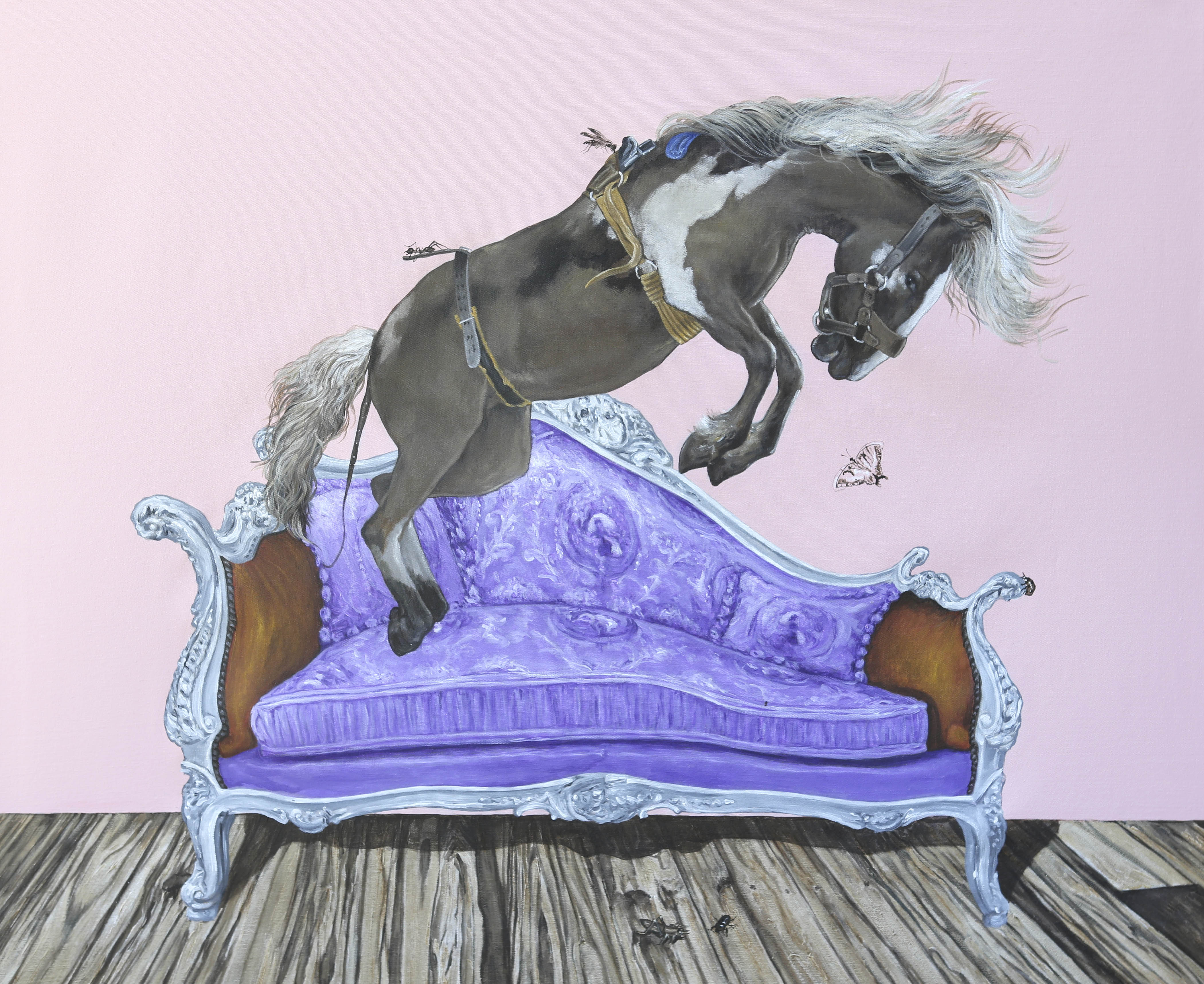 KEEPING PETS OFF THE FURNITURE V, acrylic on canvas, 34 x 40 inches