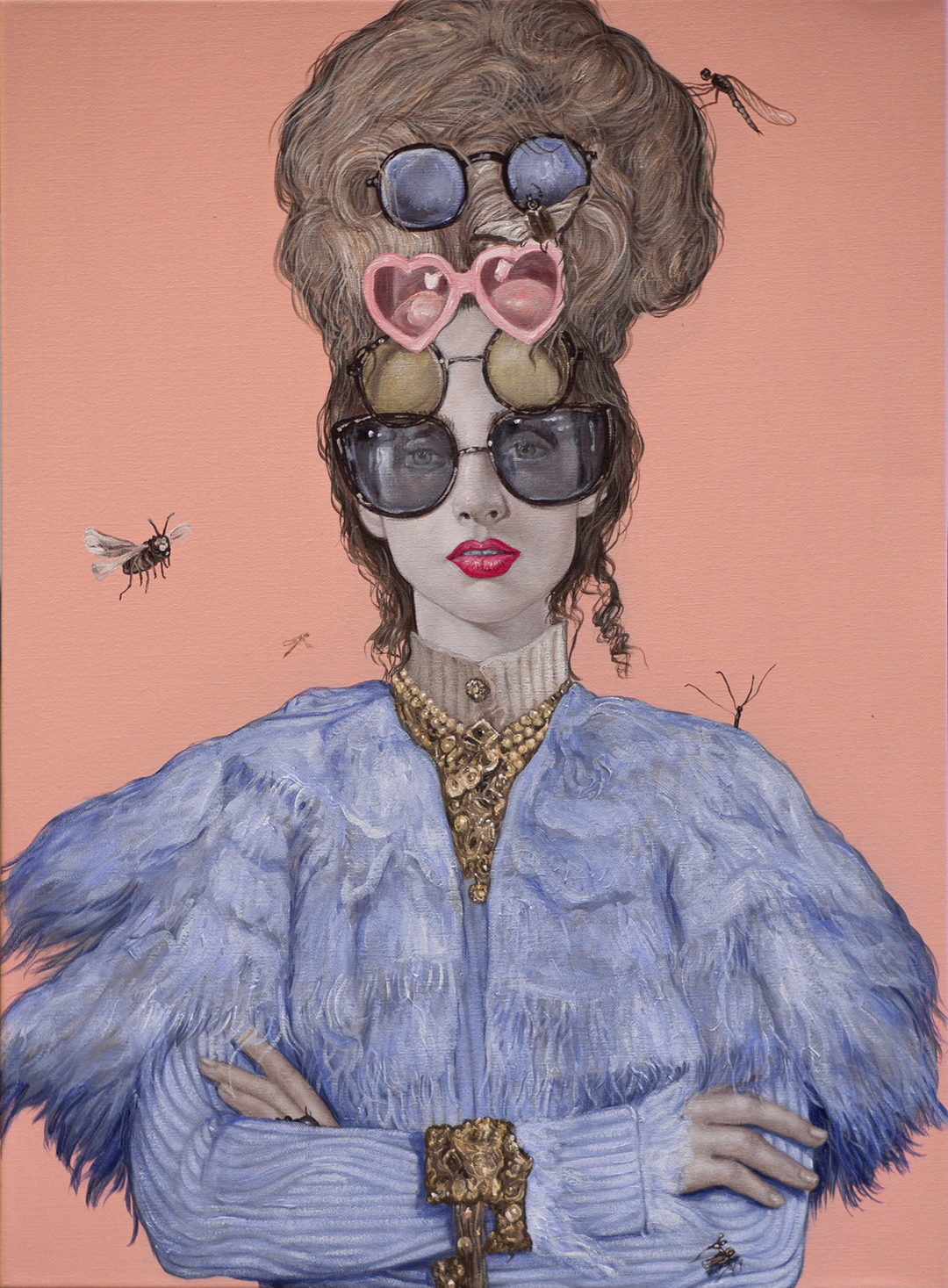 RED LIPS AND BLACK SUNGLASSES, acrylic on canvas, 30 X 22 inches