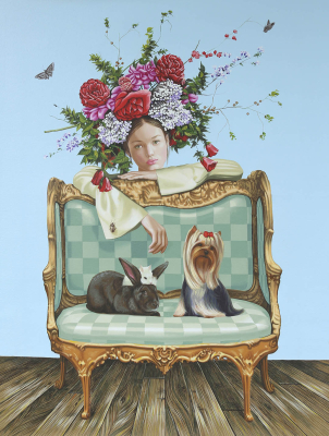 KEEP PETS OFF FURNITURE, acrylic on canvas, 35 x 26 inches