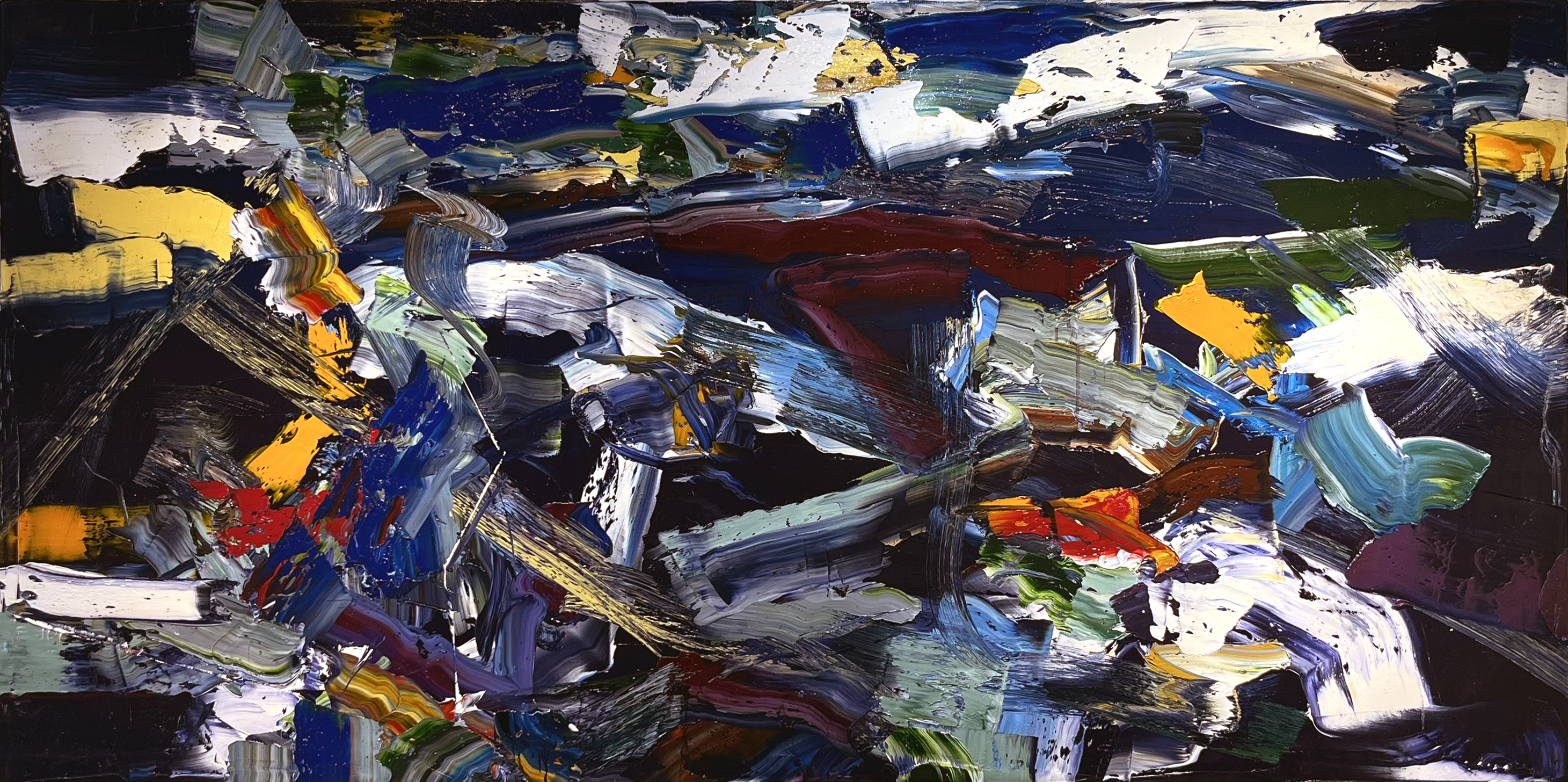 BLUE MOVER, oil on canvas, 36 x 76 inches