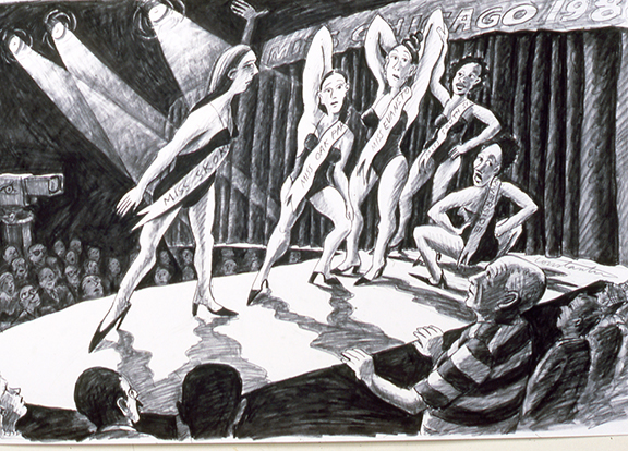 PICASSO JUDGING MISS CHICAGO, pencil drawing on paper, 23 x 35 inches