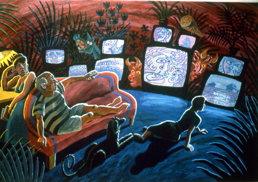 PICASSO FAMILY AND TVS, oil on canvas, 44 x 65 inches