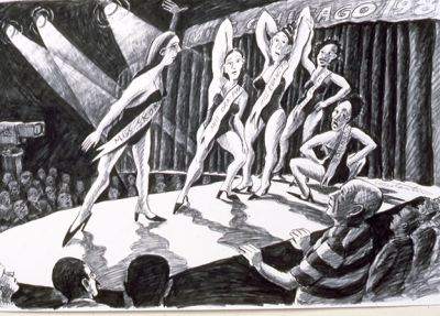 PICASSO JUDGING MISS CHICAGO, pencil drawing on paper, 23 x 35 inches