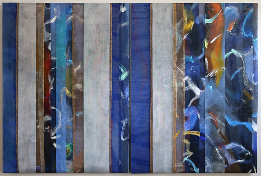 COMET ALLEY, Finely woven mesh, acrylic, on canvas, 48x72 inch diptych