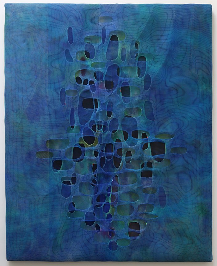 PASSAGE IN BLUE, finely woven mesh, acrylic on canvas, 60 x 48 inches