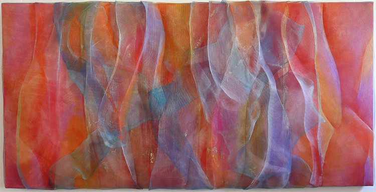 PRISM ESCAPE, finely woven mesh and acrylic on canvas, 36 x 73 x 8 IN