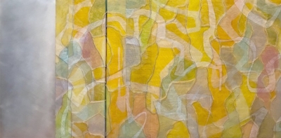 HELIOS RISING, finely woven mesh and acrylic on canvas, 48 x 96 IN