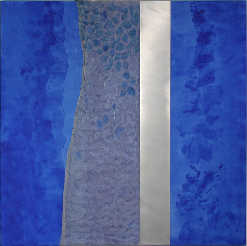 VISITING SALICIAS GARDEN, finely woven mesh, aluminum, acrylic on canvas, 48 x 48 inches