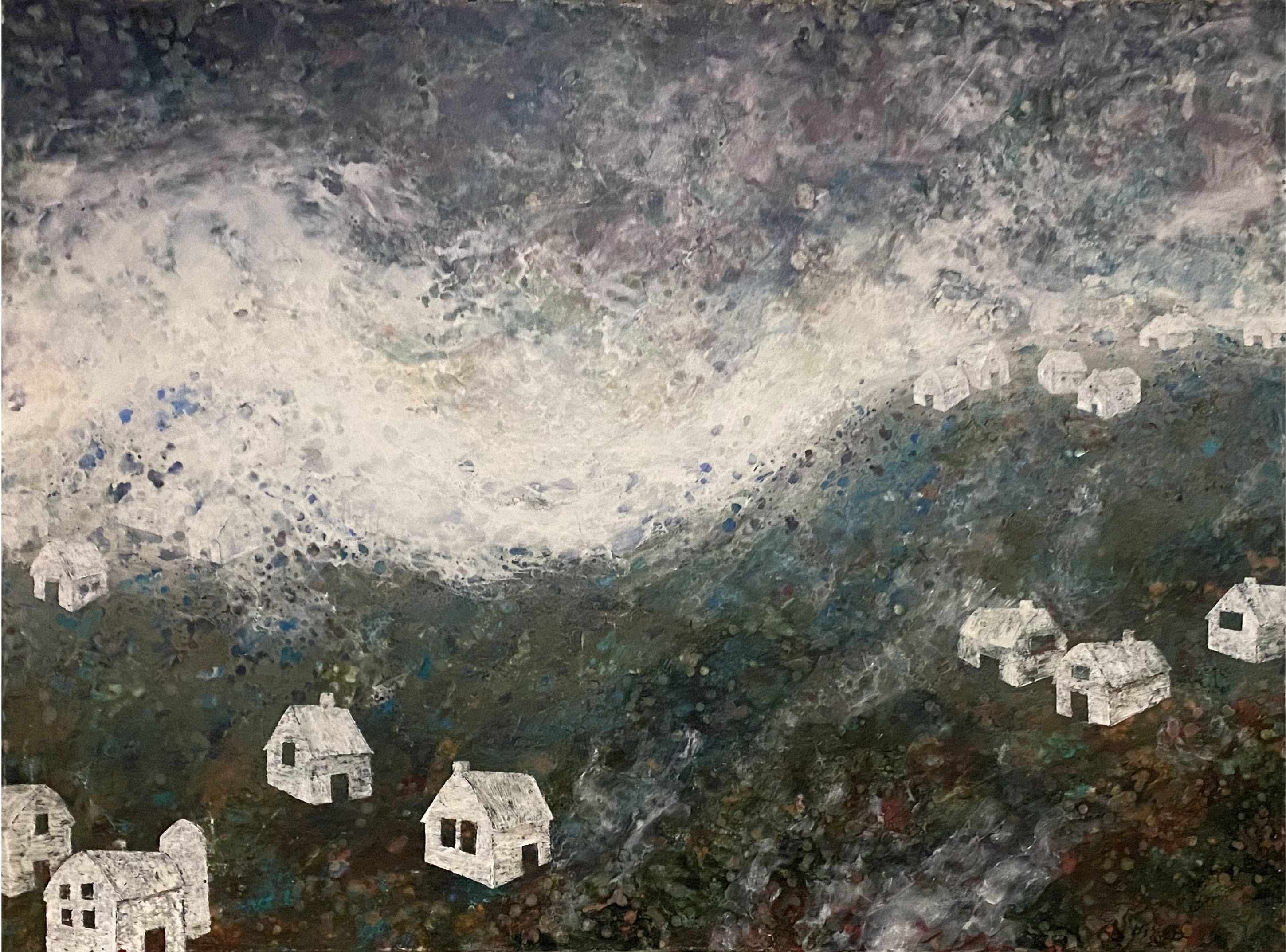 HOUSES, encaustic on board, 30 x 40 inches