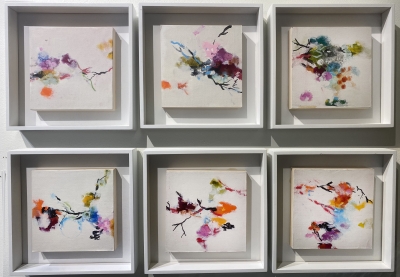 Nest Series, six mixed media on paper on pane, 6 x 6 inch each