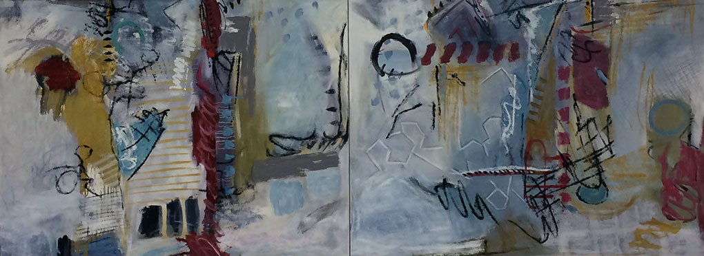 RIDDLES AND JEWELS, oil on canvas, 30 x 80 IN triptych 2019