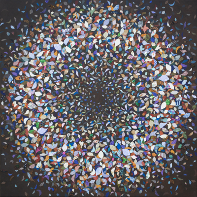 RONDO, acrylic canvas on canvas collage, 36 x 36 inches