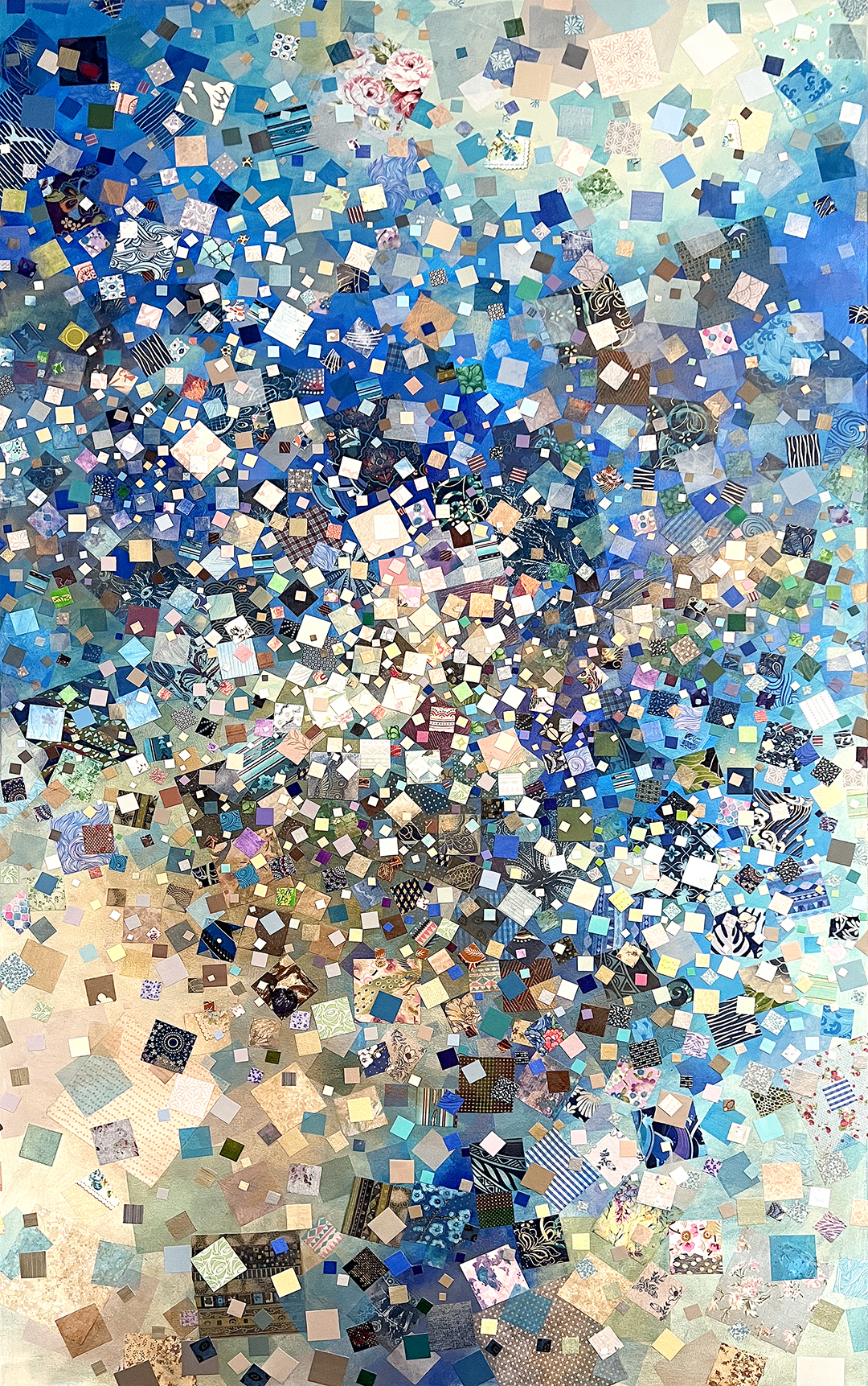 WATER CONNECTS SEVEN SEAS, acrylic canvas on canvas collage, 36 x 60 inches