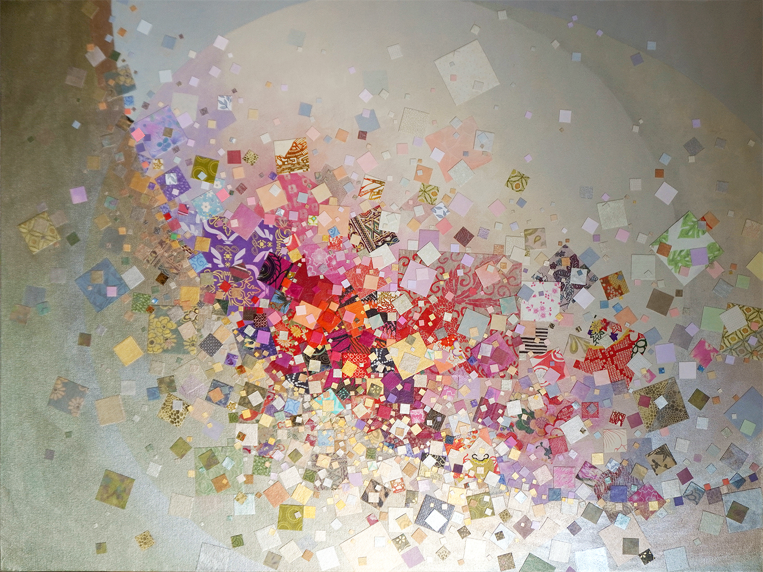 A CRADLE AND A THOUSAND LULLABIES, acrylic canvas on canvas collage, 36 x 48 inches