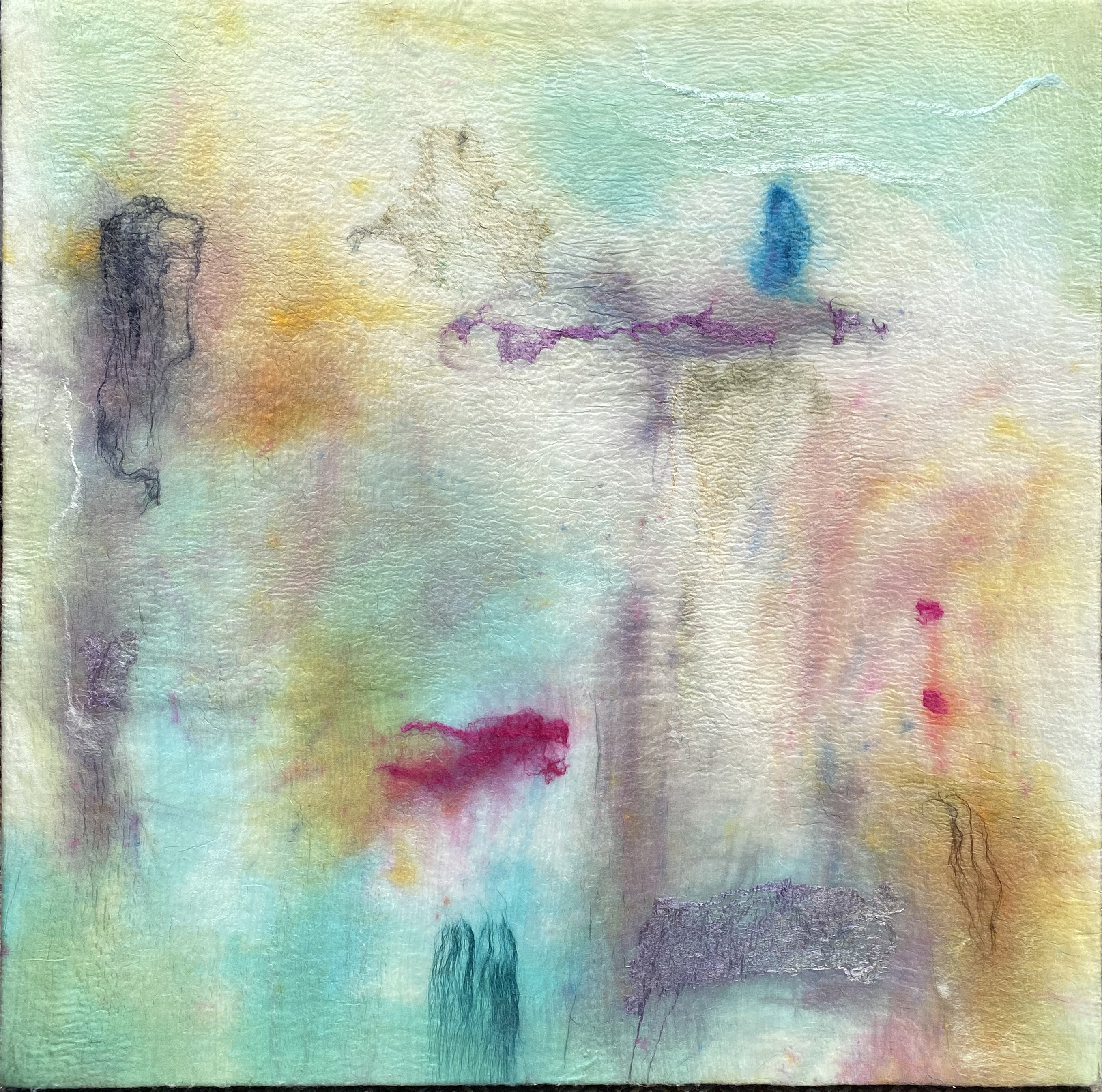 DANCE IN THE RAIN, wool and silk on canvas, 30 x 30 IN