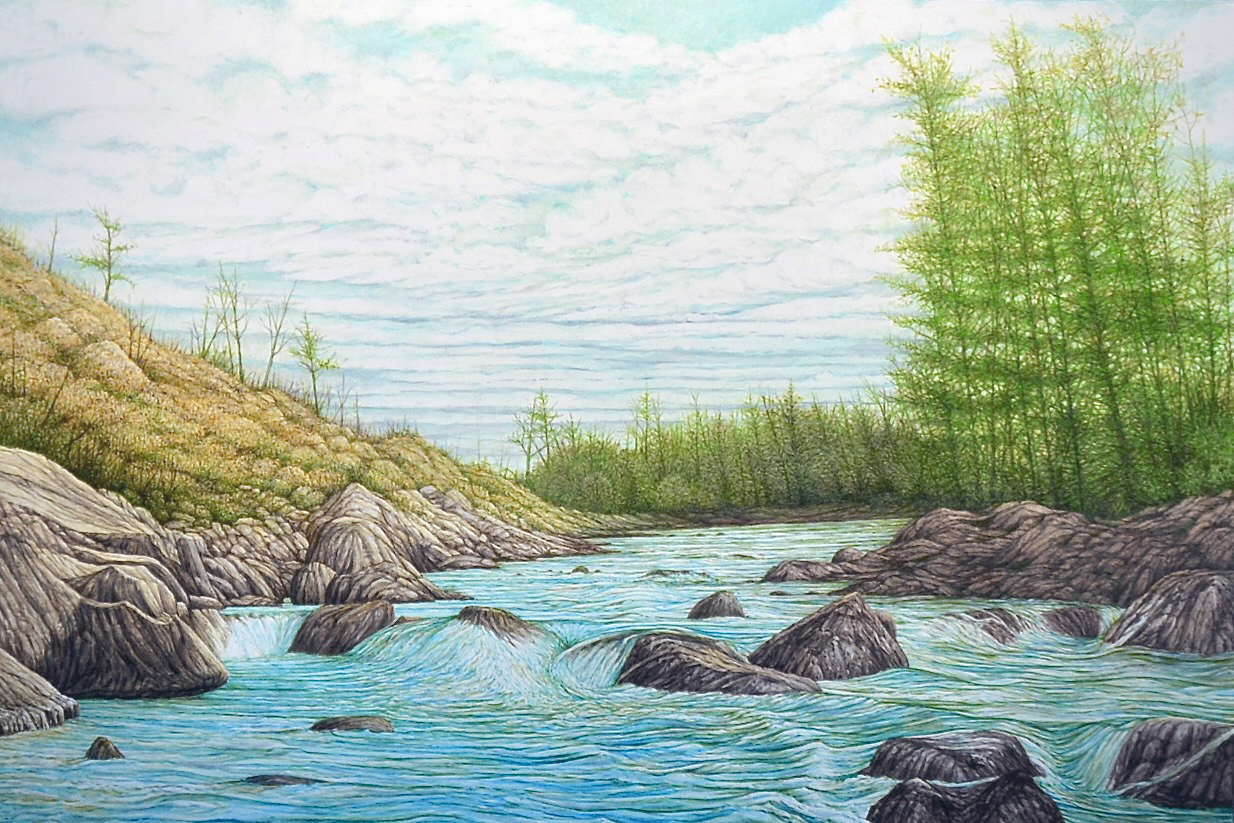 DOWN STREAM, oil on canvas, 24 x 36 inches